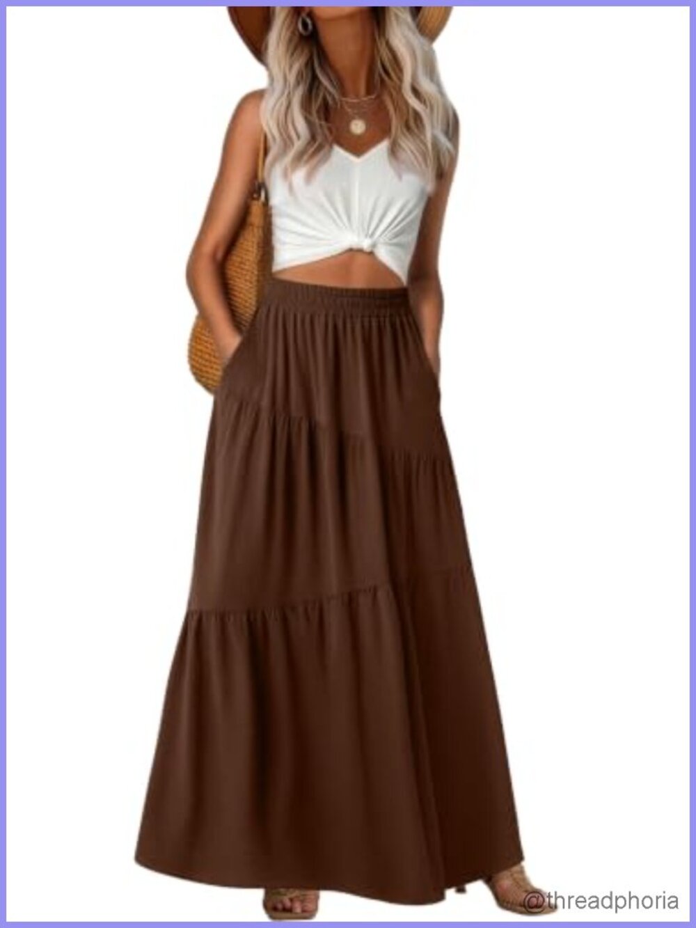 Women's Maxi Skirt High Waist Tiered A-Line with Pockets 100% Polyester